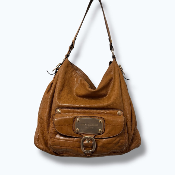 Michael Kors Brown Croc Embossed Leather Hobo Shoulder Bag Gold Hardware